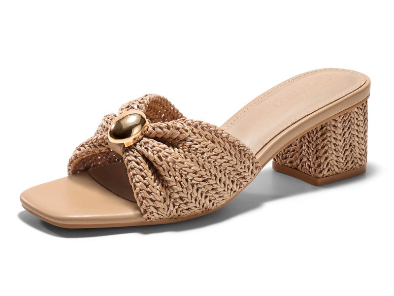 Coutgo Womens Low Chunky Block Heels Raffia Sandals Square Open Toe Slip On Slides Summer Beach Dress Shoes, Light Khaki, Size 8 - Image 1