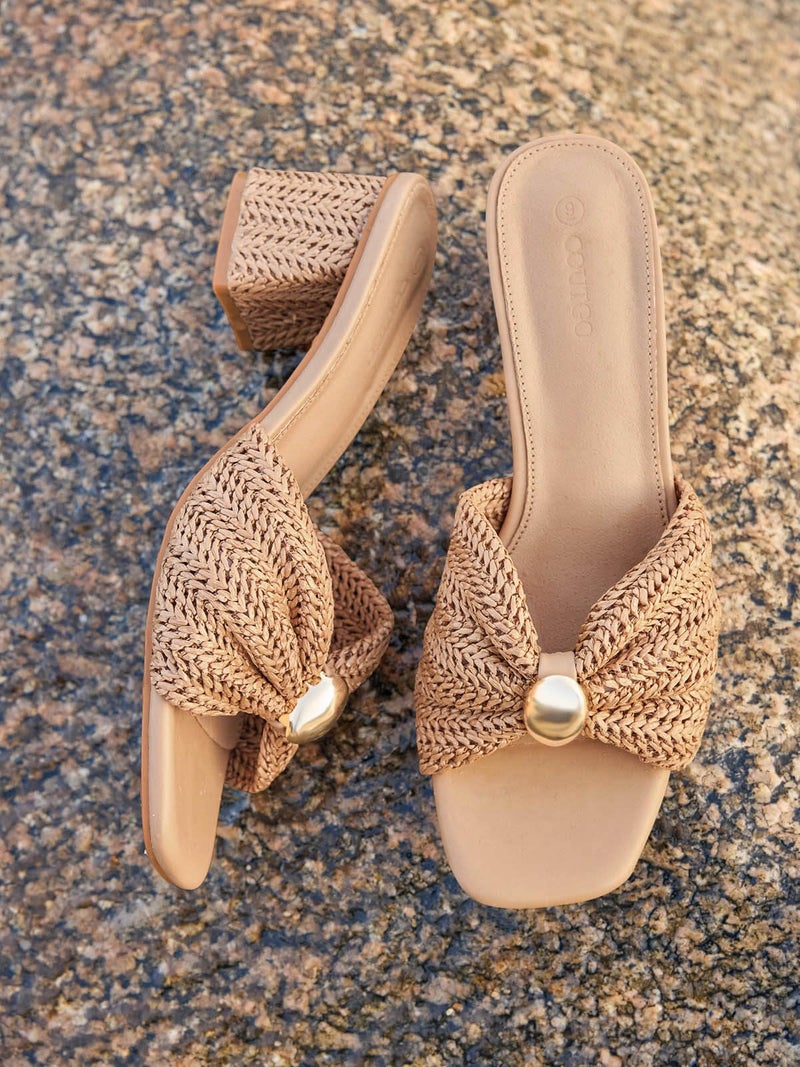 Coutgo Womens Low Chunky Block Heels Raffia Sandals Square Open Toe Slip On Slides Summer Beach Dress Shoes, Light Khaki, Size 8 - Image 3