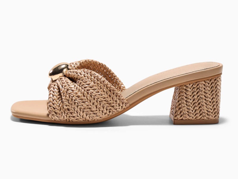 Coutgo Womens Low Chunky Block Heels Raffia Sandals Square Open Toe Slip On Slides Summer Beach Dress Shoes, Light Khaki, Size 8 - Image 4
