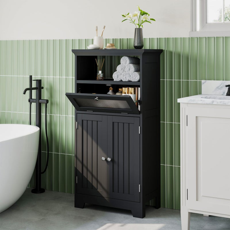 choochoo ChooChoo Freestanding Bathroom Cabinet with Flip Glass Drawer 2 Doors Adjustable Shelf Open Storage for Bathroom Living Room Hallway Black 