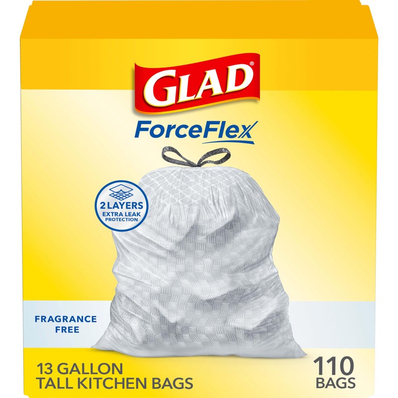 Glad ForceFlex Tall Kitchen Drawstring Trash Bags, 13 Gal, Fragrance Free, 110 Ct (Package May Vary) - Image 1