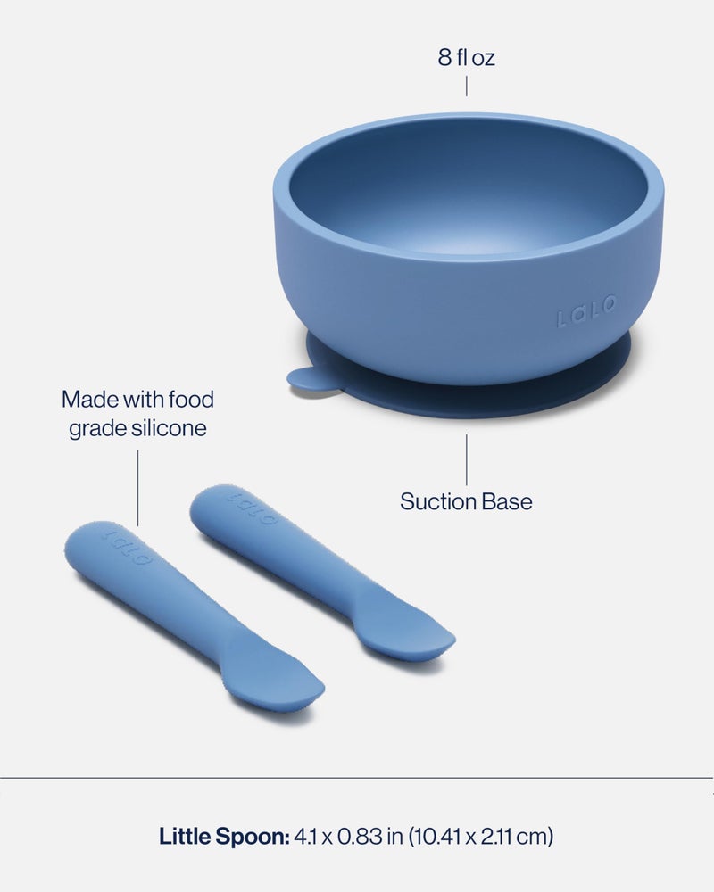 Lalo First Bites Starting Solids Silicone Baby Feeding Set with Suction Bowl, 2 Spoons and 1 Bib - 4-Piece Baby-Led Weaning Supplies - Non-Toxic Silicone Infant Tableware - Oatmeal - Image 4