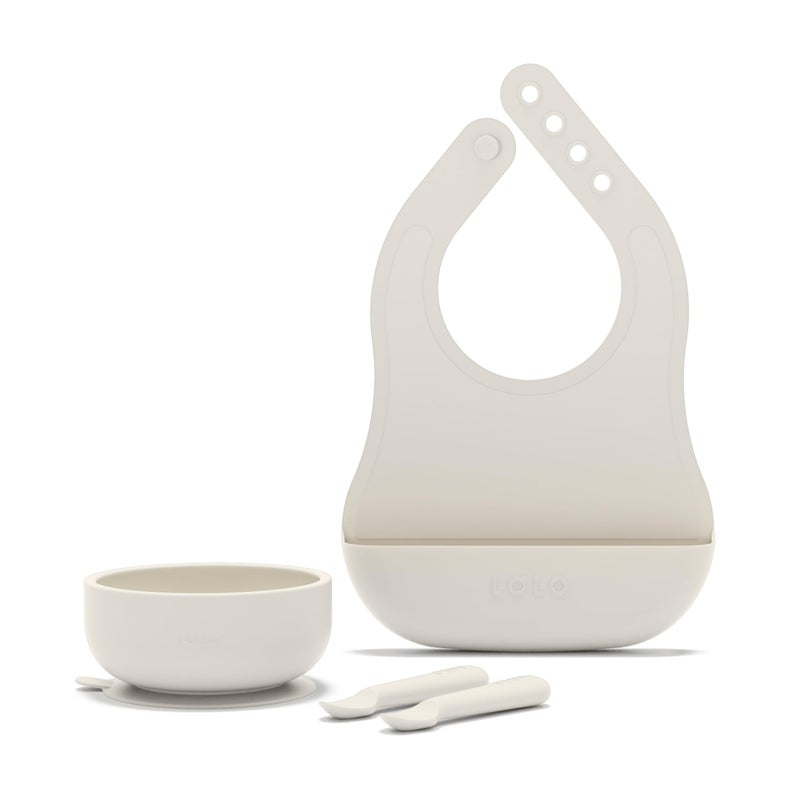 Lalo First Bites Starting Solids Silicone Baby Feeding Set with Suction Bowl, 2 Spoons and 1 Bib - 4-Piece Baby-Led Weaning Supplies - Non-Toxic Silicone Infant Tableware - Oatmeal - Image 1
