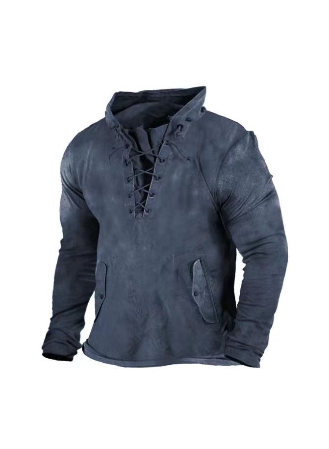 Loquat Men's Retro Outdoor Tactical Lace-up Hoodie Fall Solid Color Casual Hoodie