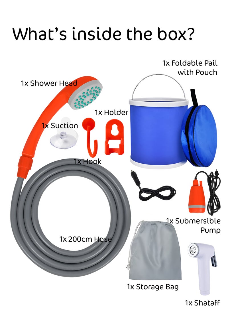 Toshionics Portable Camping Shattaf & Shower, Travel Bidet Set with Collapsible Bucket 12 V DC Outdoor Car DC Port Powered Water Pump – Mobile Handheld Nozzle, Shattaf, Hook & Storage Bag – Ideal for Hiking, Beach, Travel ,Outdoor Hygiene, Desert Trips and Overlanding & Emergency Use - Image 4