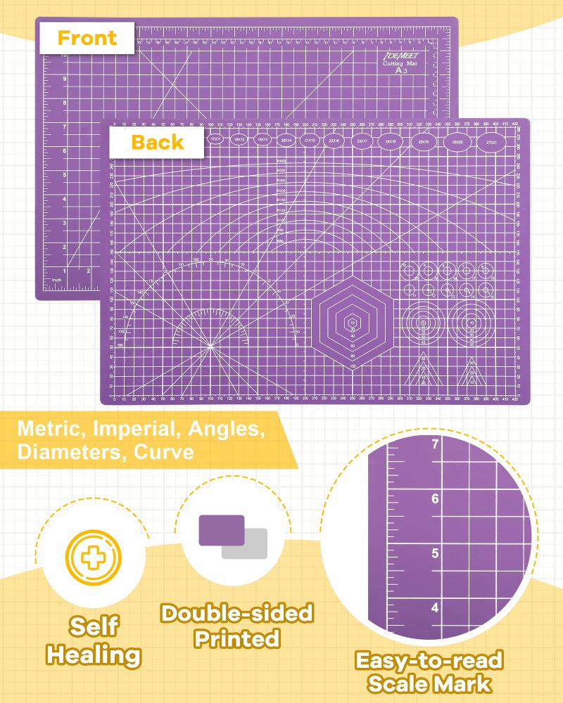Idemeet Thickened 18"x12" Self Healing Cutting Mat, Idemeet Rotary Cutting Sewing Mat for Crafts, 5-Ply Blade Table Protector Cut Board for Fabric Leather Cutting Quilting Modeling Hobby Project, A3, Purple - Image 4