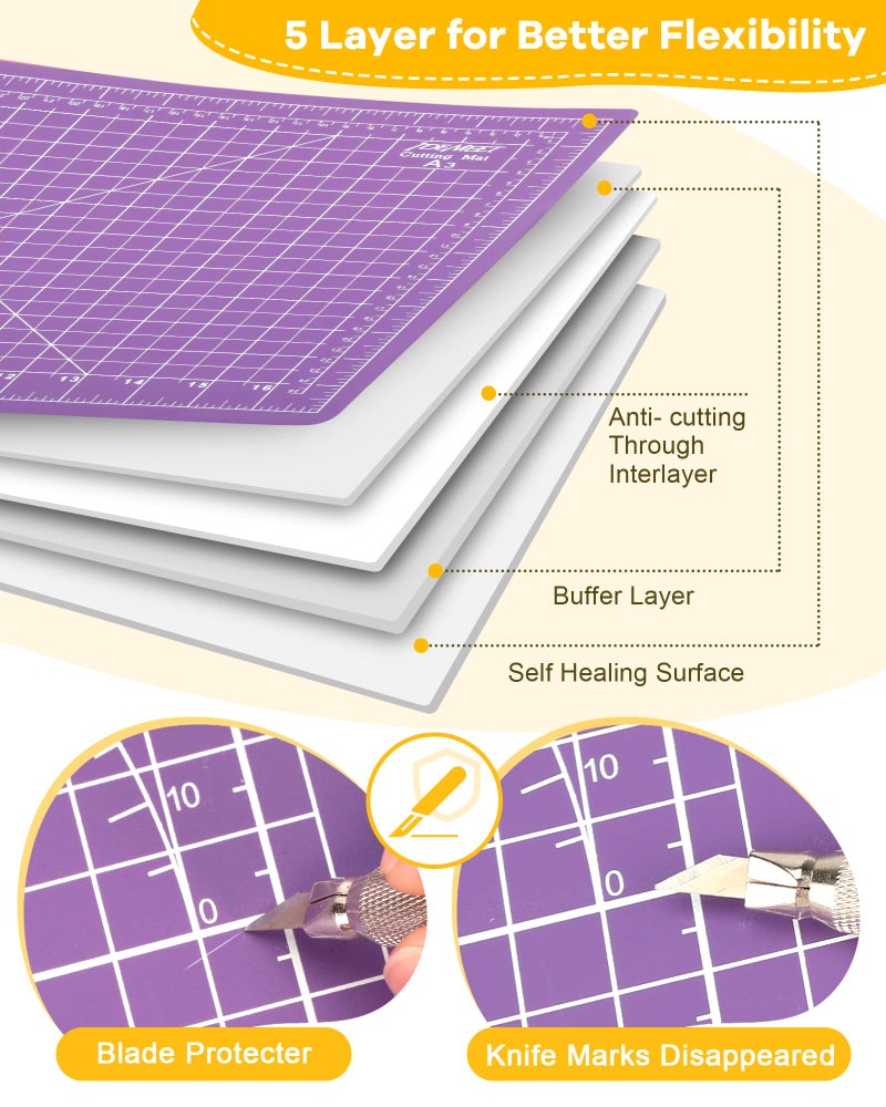 Idemeet Thickened 18"x12" Self Healing Cutting Mat, Idemeet Rotary Cutting Sewing Mat for Crafts, 5-Ply Blade Table Protector Cut Board for Fabric Leather Cutting Quilting Modeling Hobby Project, A3, Purple - Image 5