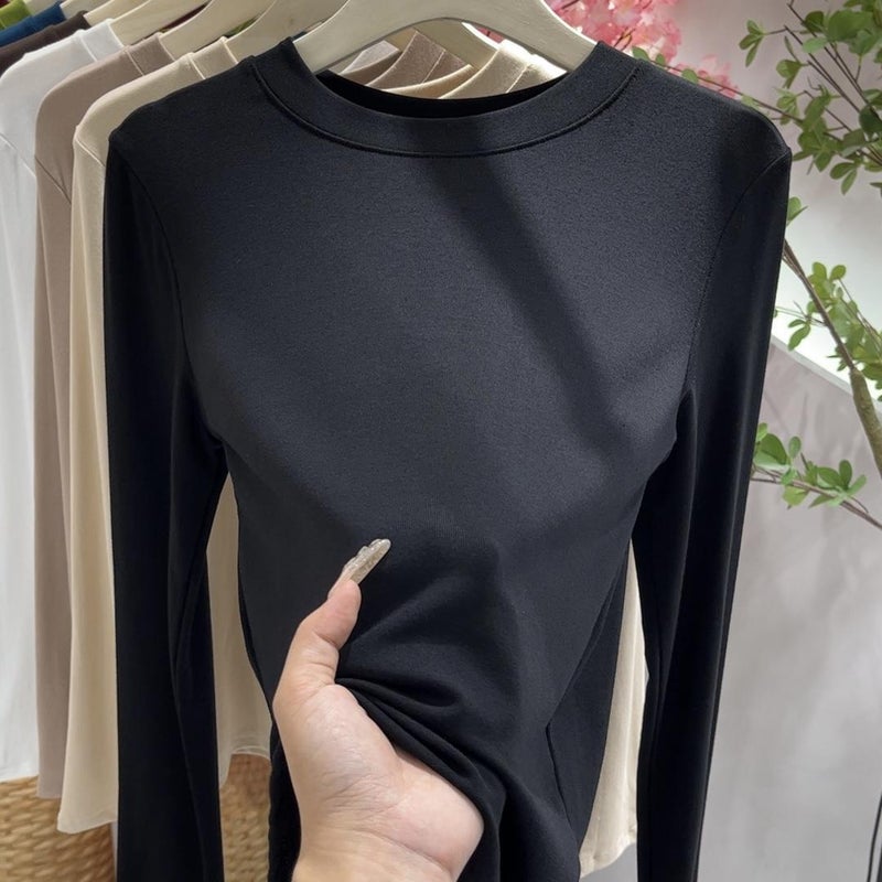2024 New Base Shirt Womens Suit Inner Spring Autumn Winter Round Neck Long Sleeve T-shirt Slim Fit Top Solid Color Simple Black
