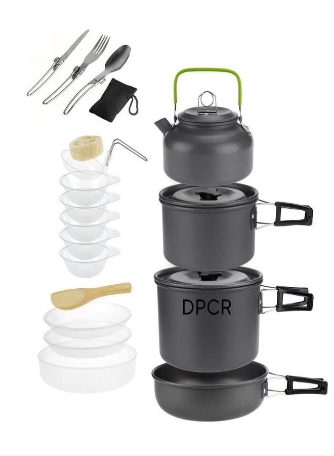 DPCR Camping Cooking Mess Kit with Spoon Set, Lightweight Hiking Cookware Set with Mesh Bag, Nonstick Aluminum Cooking Kit, Pot Pan Kettle Backpacking Mess Kit with Bowls (3-4 Person) - Image 1