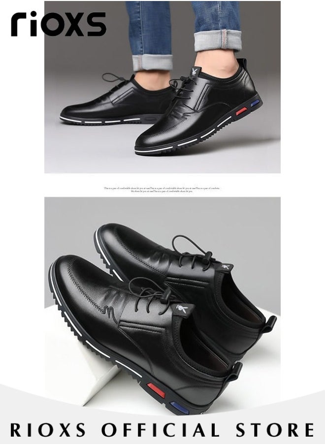 RIOXS - Men's Business Casual Leather Shoes Lace-Up Round Toe Fashion Formal Oxford Shoes with Low Heel - Image 1
