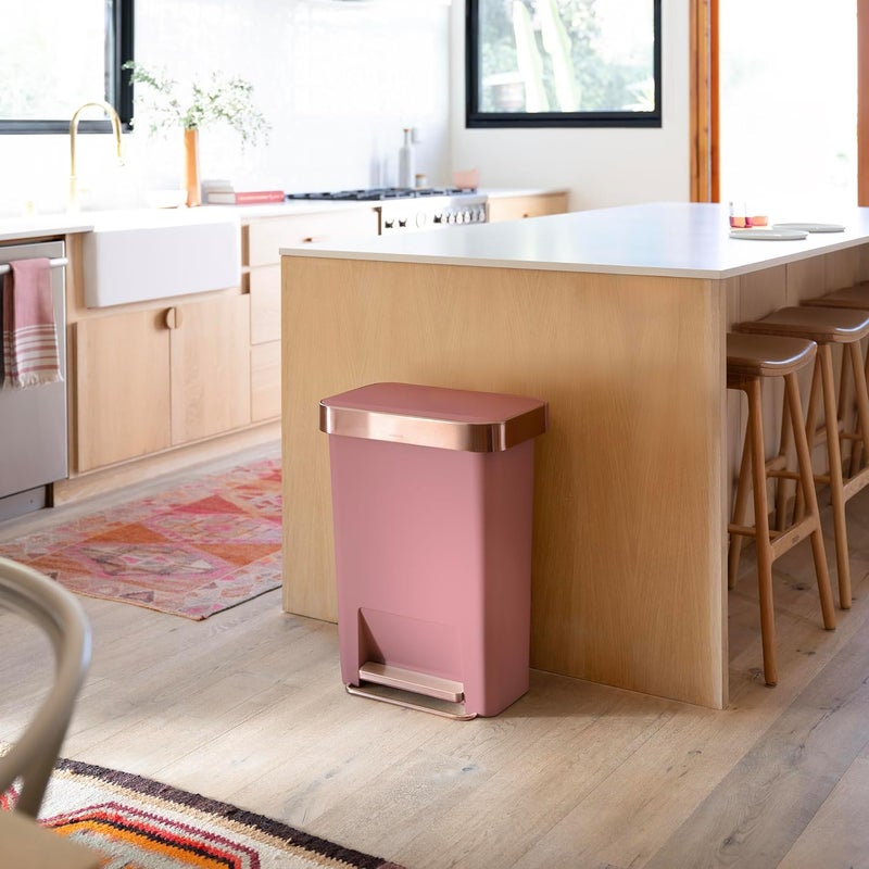 Simple Human Hybrid Step Can, 45 Liter / 12 Gallon Rectangular Kitchen Trash Can, Wide Stable Base with Long-Lasting Steel Pedal, Neat and Secure Liner Rim with Built-in Liner Pocket, Blush Plastic - Image 2