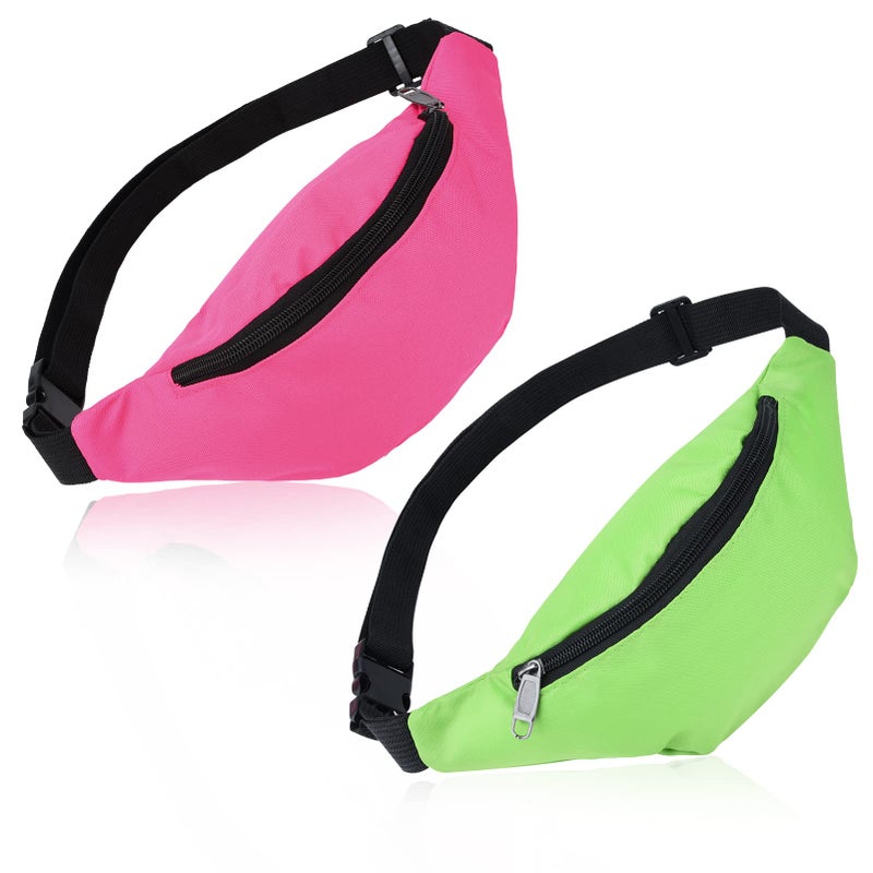 FRIUSATE 80s 90s Fanny Pack, Neon Fanny Pack Party Waist Bags, Lightweight Adjustable Belt Bag for Traveling Running Cycling Workout Rave Party Outdoor Activities (Green, Rose Red) - Image 1