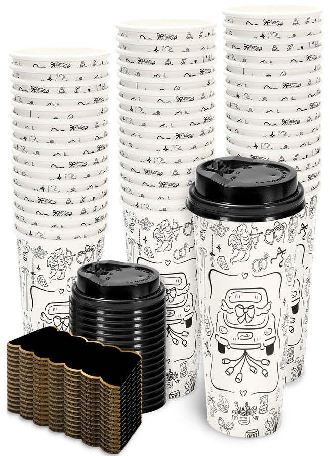 وولاين مجموعة أكواب قهوة زفاف من والين، ٥٠ كوبًا مع أغطية وأكمام، أكواب ورقية سعة ١٦ أونصة، لون أسود، مناسبة لسيارة الزفاف، كوب قهوة للاستخدام مرة واحدة للعروس والعريس، مثالي لحفلات توديع العزوبية، كابتشينو، مشروبات الشوكولاتة، الكاكاو - Image 1