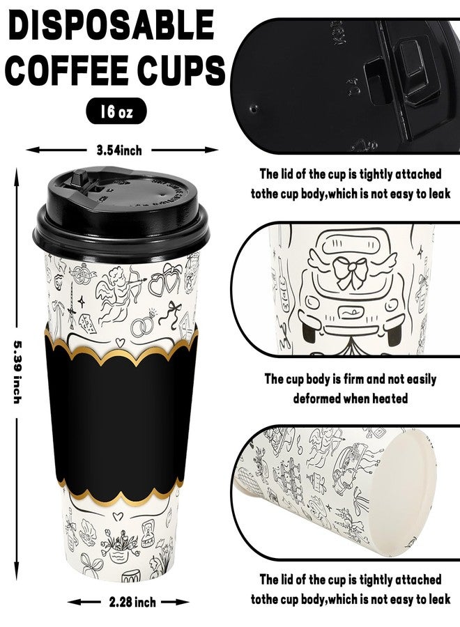 وولاين مجموعة أكواب قهوة زفاف من والين، ٥٠ كوبًا مع أغطية وأكمام، أكواب ورقية سعة ١٦ أونصة، لون أسود، مناسبة لسيارة الزفاف، كوب قهوة للاستخدام مرة واحدة للعروس والعريس، مثالي لحفلات توديع العزوبية، كابتشينو، مشروبات الشوكولاتة، الكاكاو - Image 2