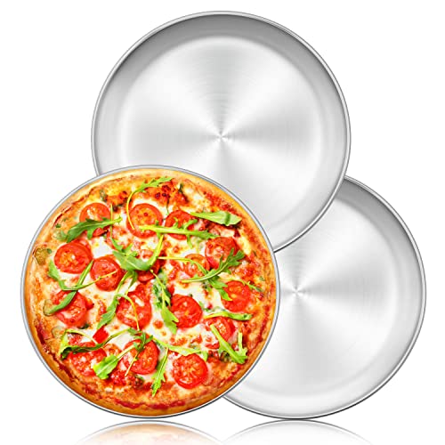 Herogo 13.5 Inch Stainless Steel Round Pizza Pan Set of 3, Large Healthy Pizza Tray Platter for Oven Baking Serving, Dishwasher Safe - Image 1