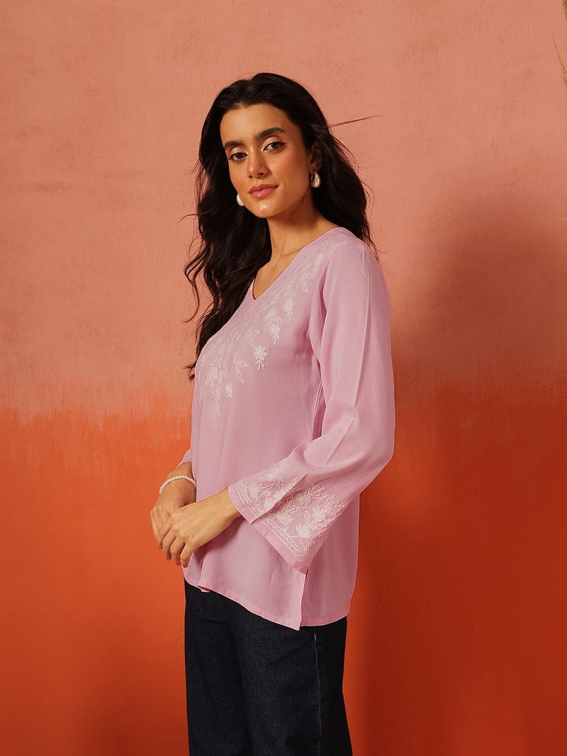 QAZMI Women's Sarah V-Neck Kashmiri Aari Work Full Sleeves Kurti_XL Light Pink - Image 4
