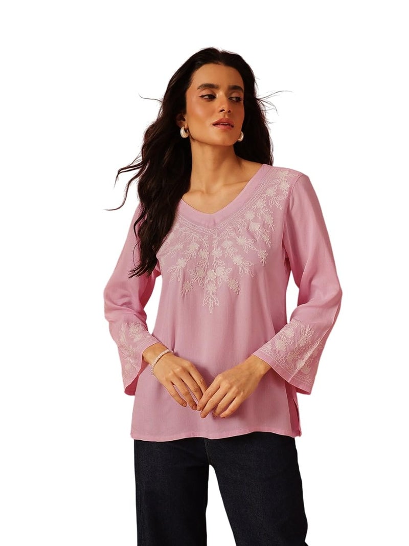 QAZMI Women's Sarah V-Neck Kashmiri Aari Work Full Sleeves Kurti_XL Light Pink - Image 1