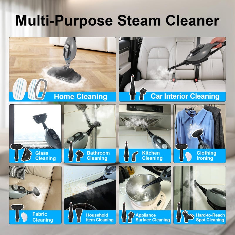 McovaringMee 11-in-1 Steam Mop, 1550W Powerful Handheld Steam Cleaner, 260Â°F Multi-Functional Floor Steamer with 21.3FT Cord for Floors, Hardwood, Tiles, Grout, Windows, Kitchen, Bath, Adjustable (Grey) - Image 5