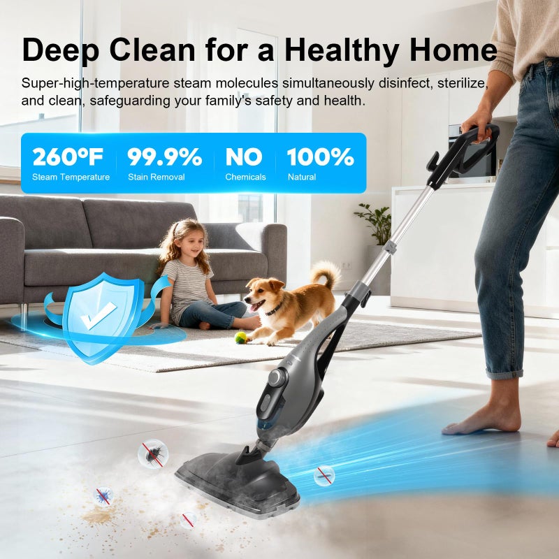 McovaringMee 11-in-1 Steam Mop, 1550W Powerful Handheld Steam Cleaner, 260Â°F Multi-Functional Floor Steamer with 21.3FT Cord for Floors, Hardwood, Tiles, Grout, Windows, Kitchen, Bath, Adjustable (Grey) - Image 4