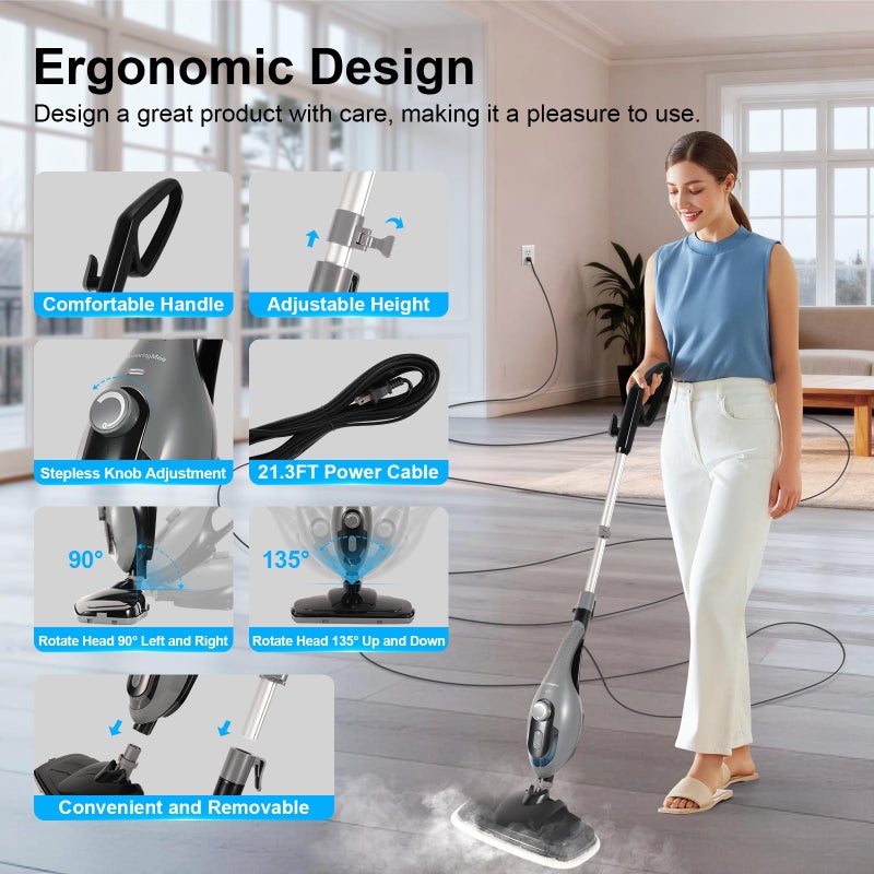 McovaringMee 11-in-1 Steam Mop, 1550W Powerful Handheld Steam Cleaner, 260Â°F Multi-Functional Floor Steamer with 21.3FT Cord for Floors, Hardwood, Tiles, Grout, Windows, Kitchen, Bath, Adjustable (Grey) - Image 3
