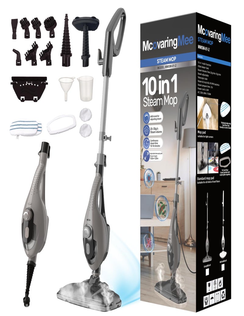 McovaringMee 11-in-1 Steam Mop, 1550W Powerful Handheld Steam Cleaner, 260Â°F Multi-Functional Floor Steamer with 21.3FT Cord for Floors, Hardwood, Tiles, Grout, Windows, Kitchen, Bath, Adjustable (Grey) - Image 1