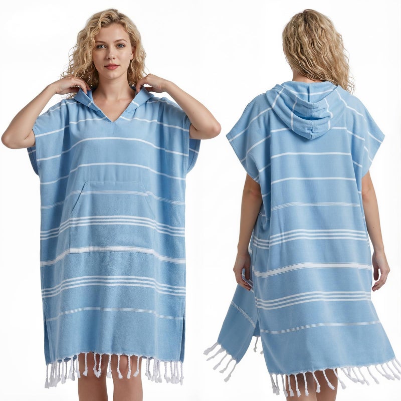 Twistover 1 Pcs Large Turkish Towel Poncho Cotton Surf Poncho 47 x 71 Inch Hooded Changing Towels Wearable Beach Towel Swim Robe with Pocket for Adult Men Women Summer Beach Pool Blue - Image 2