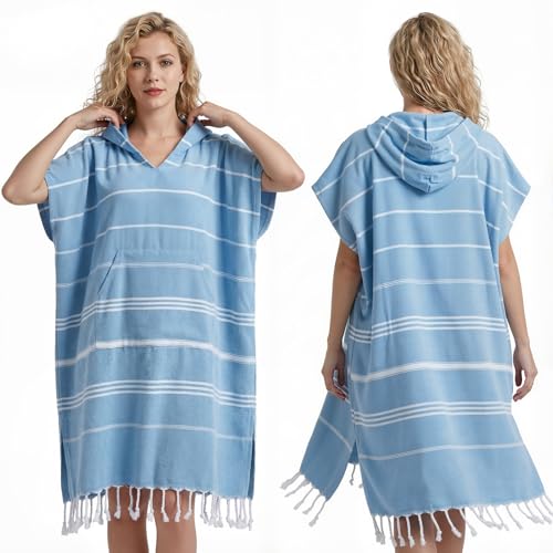 Twistover 1 Pcs Large Turkish Towel Poncho Cotton Surf Poncho 47 x 71 Inch Hooded Changing Towels Wearable Beach Towel Swim Robe with Pocket for Adult Men Women Summer Beach Pool Blue - Image 1