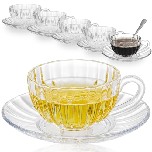 GURUDAR Glass Tea Cups and Saucers Set of 6, Clear Coffee Mugs with Stainless Steel Spoon, Dishwasher & Microwave Safe Teacups for Espresso Cappuccino Latte Tea Juice, 6OZ/180ML - Image 1