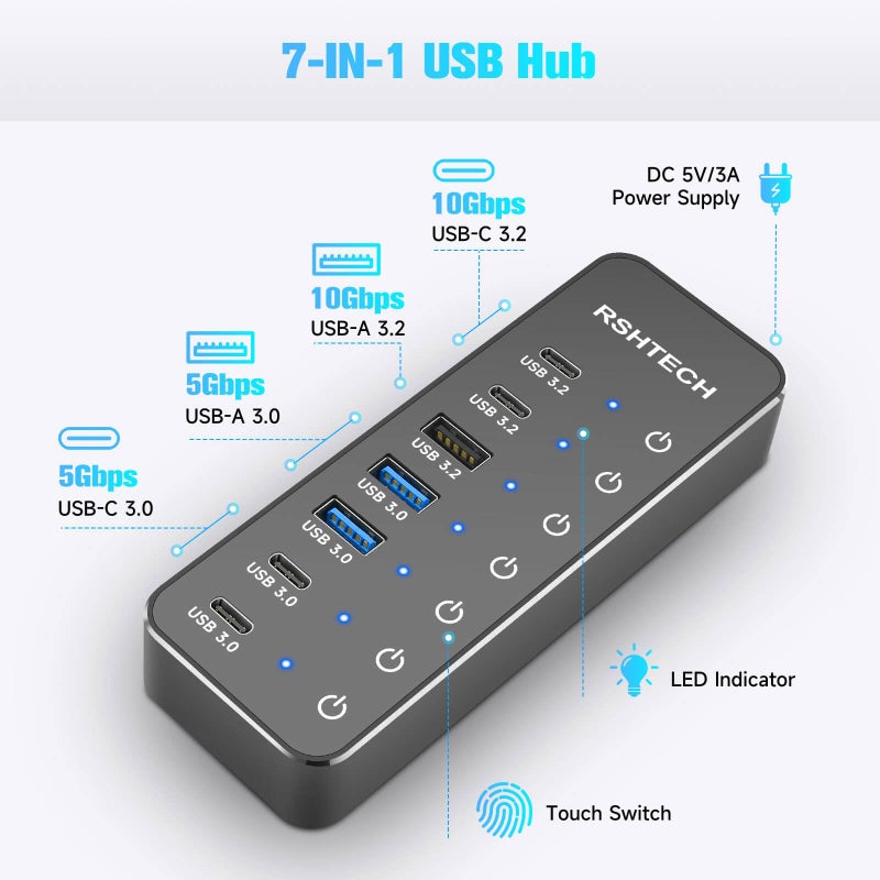 RSHTECH 7-Port Powered USB 3.2/USB-C Hub Splitter with 3 x 10Gbps USB-3.2 Ports (2C + 1A),4 USB-3.0 Ports (2C + 2A), 3.3ft Cable, Touch Switches, and 5V Power Adapter for Laptop PC - Image 3