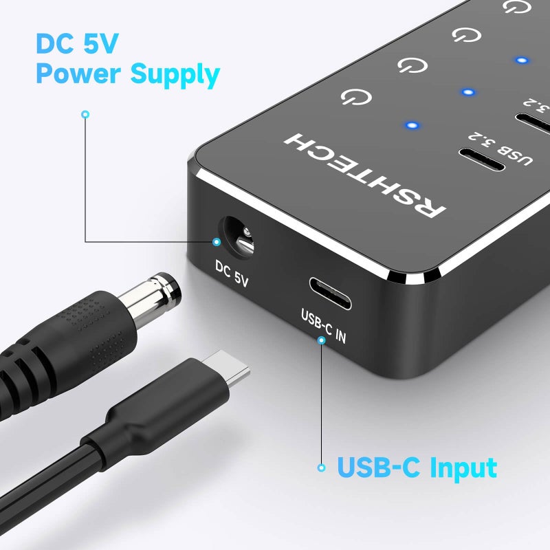 RSHTECH 7-Port Powered USB 3.2/USB-C Hub Splitter with 3 x 10Gbps USB-3.2 Ports (2C + 1A),4 USB-3.0 Ports (2C + 2A), 3.3ft Cable, Touch Switches, and 5V Power Adapter for Laptop PC - Image 5