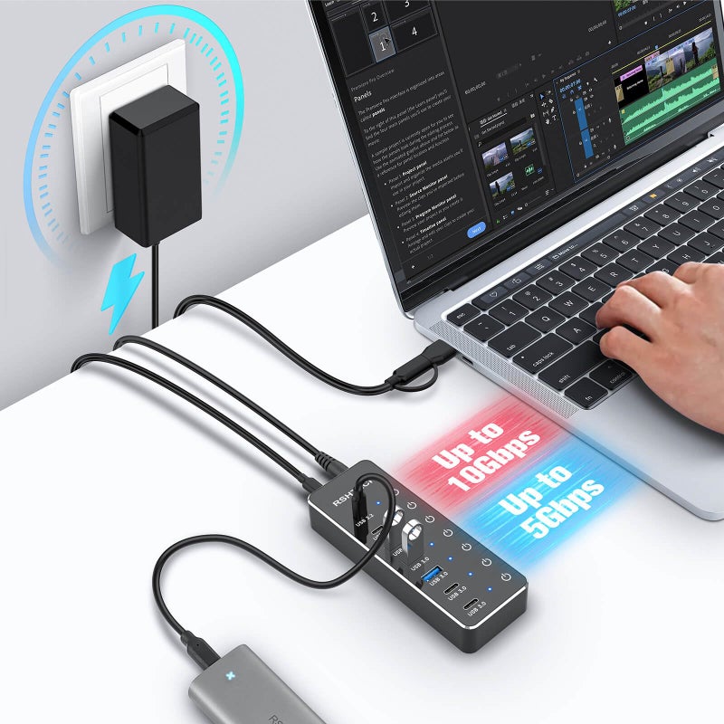 RSHTECH 7-Port Powered USB 3.2/USB-C Hub Splitter with 3 x 10Gbps USB-3.2 Ports (2C + 1A),4 USB-3.0 Ports (2C + 2A), 3.3ft Cable, Touch Switches, and 5V Power Adapter for Laptop PC - Image 2