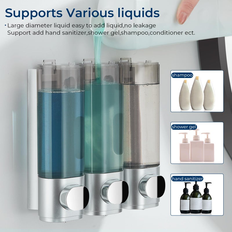 pollock Shampoo and Conditioner Dispenser, Pollock Shower Soap Dispenser 3 Chamber No Drill, Wall Mounted Shampoo Body Wash Conditioner for Bathroom Large Capacity Silver - Image 5