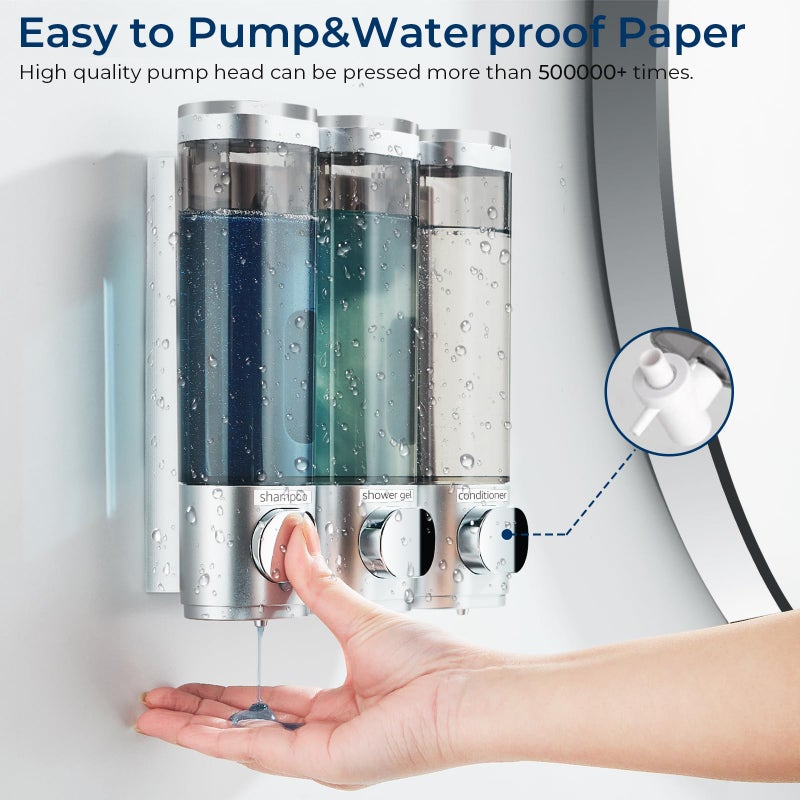 pollock Shampoo and Conditioner Dispenser, Pollock Shower Soap Dispenser 3 Chamber No Drill, Wall Mounted Shampoo Body Wash Conditioner for Bathroom Large Capacity Silver - Image 3