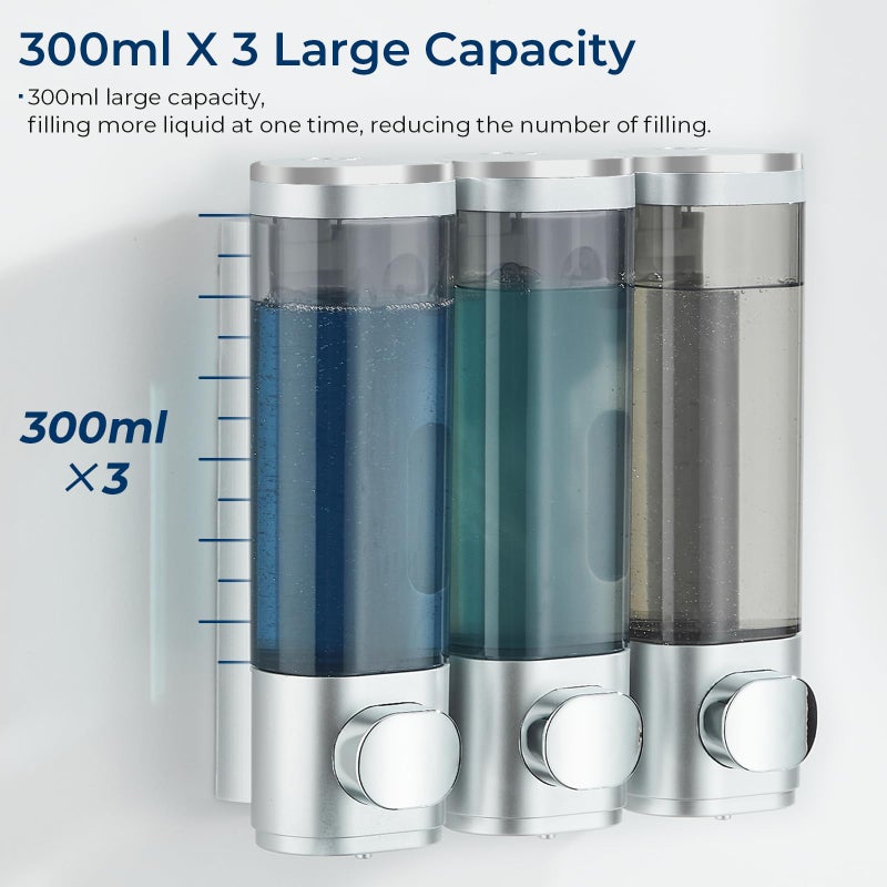 pollock Shampoo and Conditioner Dispenser, Pollock Shower Soap Dispenser 3 Chamber No Drill, Wall Mounted Shampoo Body Wash Conditioner for Bathroom Large Capacity Silver - Image 2