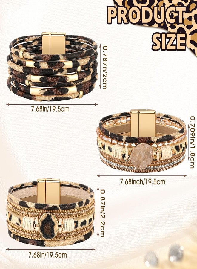 Inbagi 3 Pcs Western Bracelet for Women Leather Multi Layer Wrap Bracelet Western Boho Crystal Beads Cuff Jewelry(Leopard) - Image 2