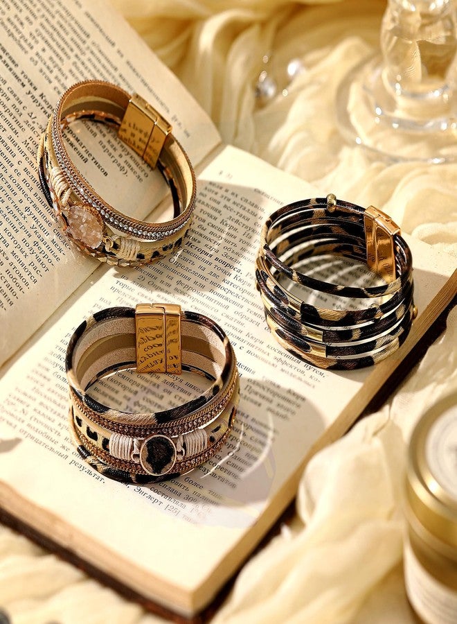Inbagi 3 Pcs Western Bracelet for Women Leather Multi Layer Wrap Bracelet Western Boho Crystal Beads Cuff Jewelry(Leopard) - Image 3
