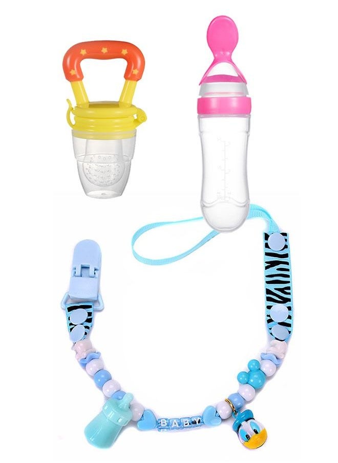 ZCM-HAPPY - 3-Piece Baby Silicone Feeding Accessories, Pacifier Clip Chain, Food Spoon, Food Feeder - Image 1