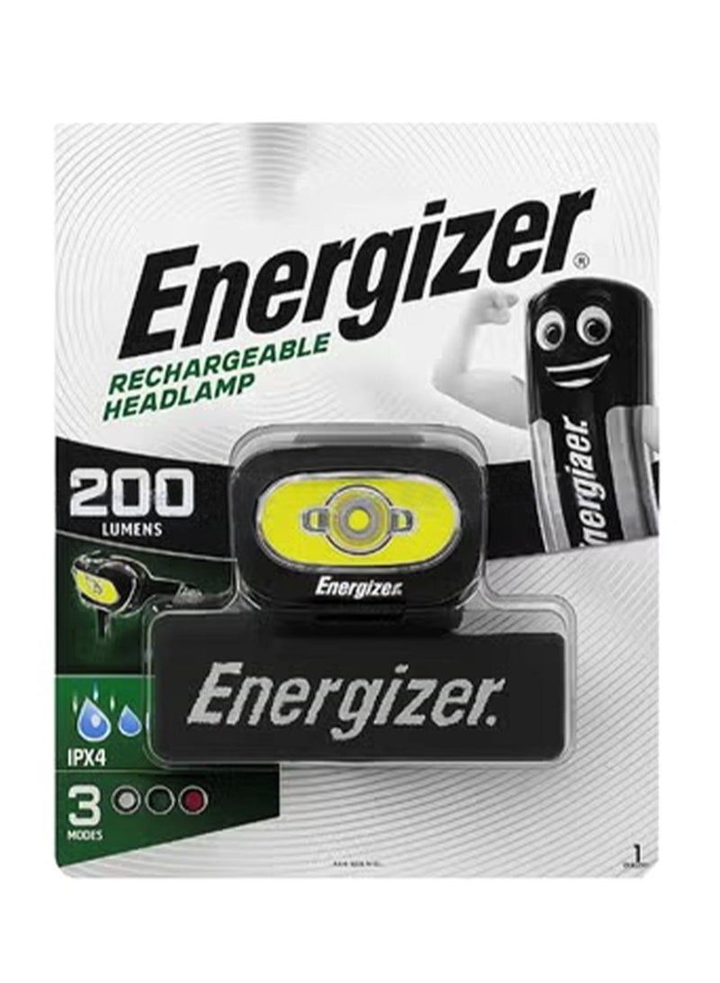 إنرجايزر مصباح رأس LED قابل لإعادة الشحن بقوة 200 لومن، مزود بحزام قابل للتعديل و3 أوضاع إضاءة. مصباح رأس خفيف الوزن للاستخدام بدون استخدام اليدين، مثالي للتخييم والسفر والأنشطة الخارجية. - Image 1