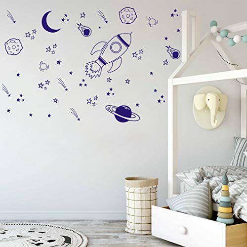 Dycica Nursery Wall Decor - Rocket & Space Ship Decals, Planets, Blue (A37) - Image 2