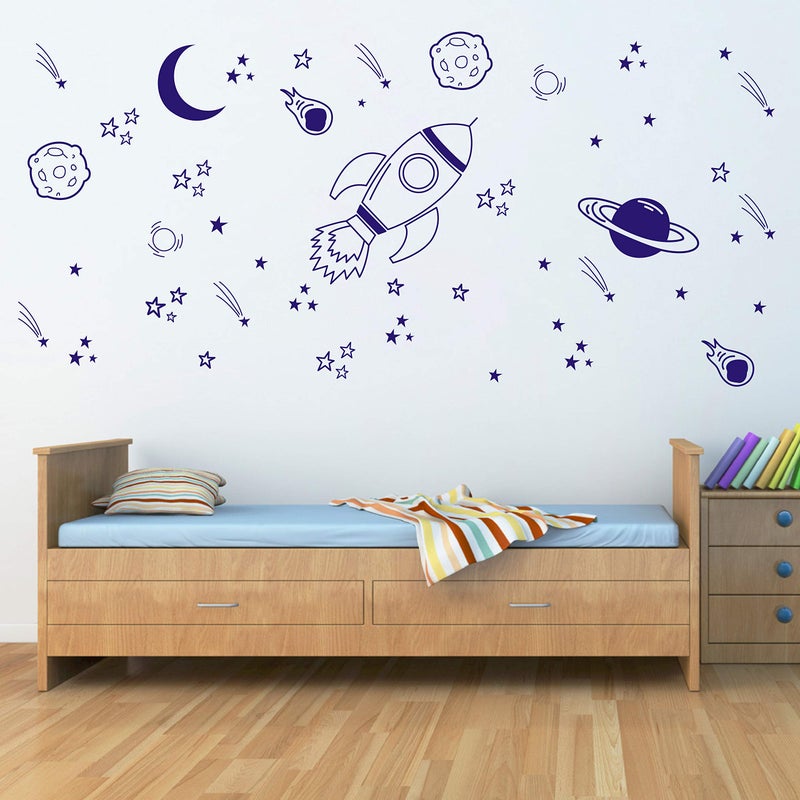 Dycica Nursery Wall Decor - Rocket & Space Ship Decals, Planets, Blue (A37) - Image 5