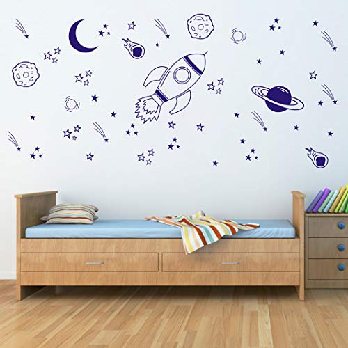 Dycica Nursery Wall Decor - Rocket & Space Ship Decals, Planets, Blue (A37) - Image 1