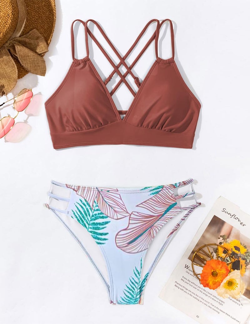Tainehs Women's Push Up V Neck Bikini Sets Criss Cross Back Two Piece Bathing Suit - Image 3