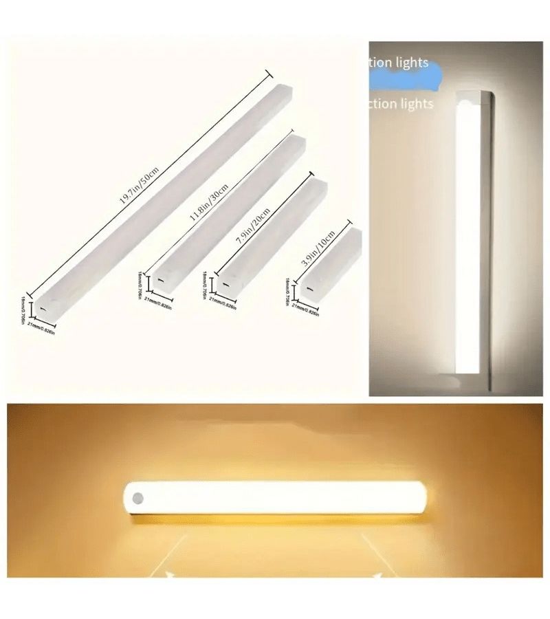 2 قطعة بطول 19.69 بوصة إضاءة شريط LED قابلة للشحن عبر USB تعمل بالحث، أبيض دافئ وأبيض بارد ثنائي اللون مع حساس حركة، ضوء ليلي مغناطيسي لاسلكي، مناسب للخزائن وخزائن الملابس والممرات. - Image 4