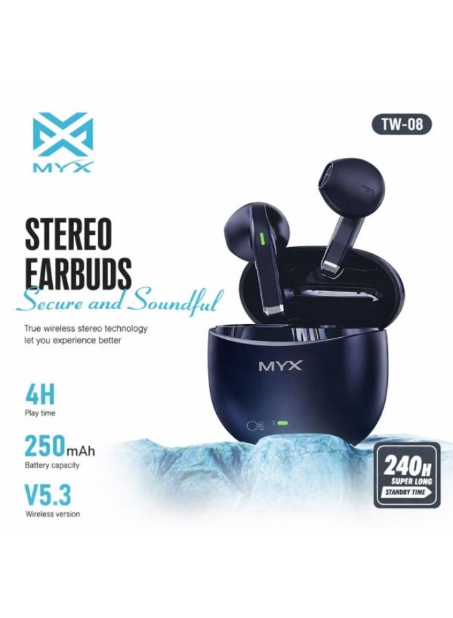 ميكس سماعات أذن لاسلكية MYX TW-08 بتقنية Bluetooth 5.3، صوت ستيريو، 4 ساعات تشغيل - Image 1