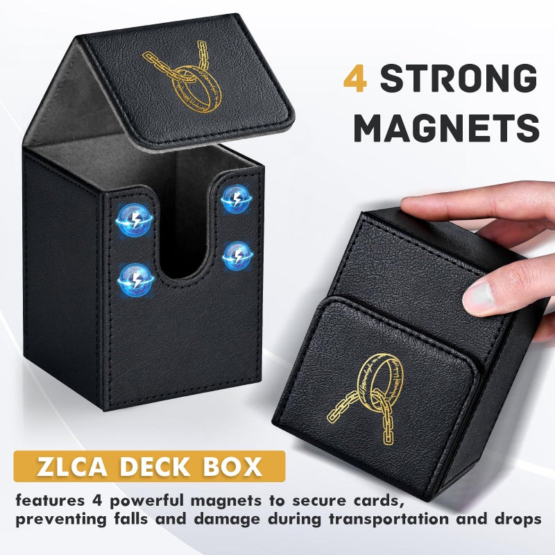 ZLCA Card Deck Box for MTG with 2 Dividers, Card Storage Box Fits 100+ Single Sleeved, PU Leather TCG Deck Case Holder for Magic Commander Yugioh (Black,Ring) - Image 4