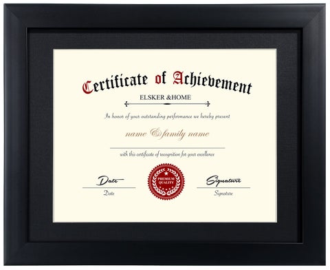 ELSKERHOME Certificate Frames 85 x 11 Black Fits Diploma 85 x 11 with Mat or 11x14 without Mat Document Degree Picture Award Frame with Glass for Tabletop or Wall Display