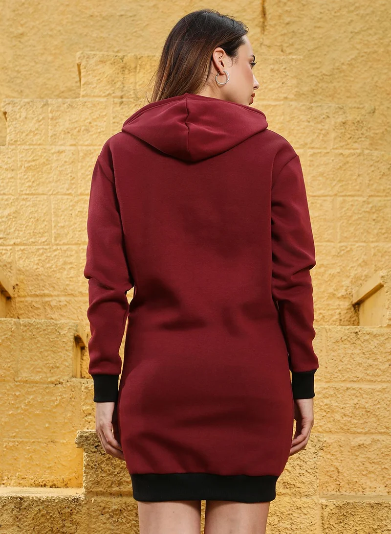 Campus Sutra Women's Wine Red Pullover Hoodie Dress