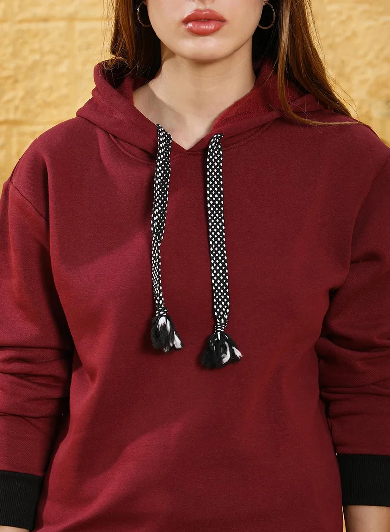 Campus Sutra Women's Wine Red Pullover Hoodie Dress