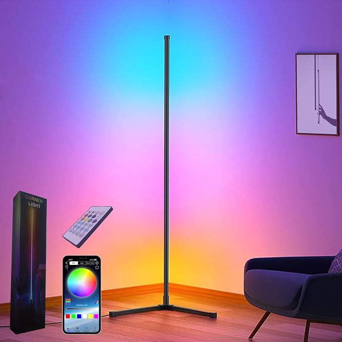 مصباح أرضي LED من ، ذكي 140 سم، قابل للتعتيم، مزامنة الموسيقى، وضع DIY، ضوء زاوية RGB مع جهاز تحكم عن بعد وتطبيق لغرفة المعيشة وغرفة النوم وغرفة الألعاب