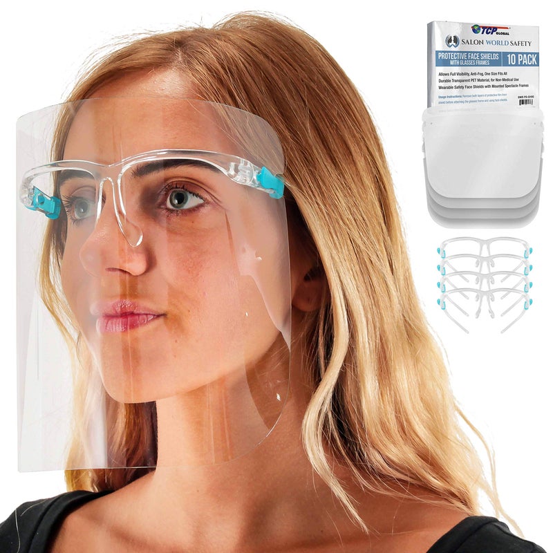 TCP Global Salon World Safety Face Shields with Glasses Frames (Pack of 10) - Ultra Clear Protective Full Face Shields - Image 1
